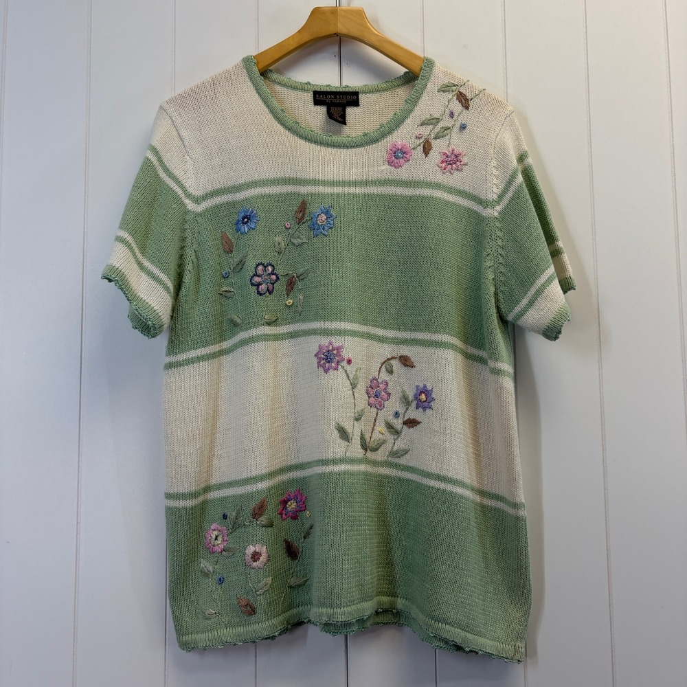 Vintage Salon Studio Haband Grannycore Embroidered Sweater Women Size XL Cottage